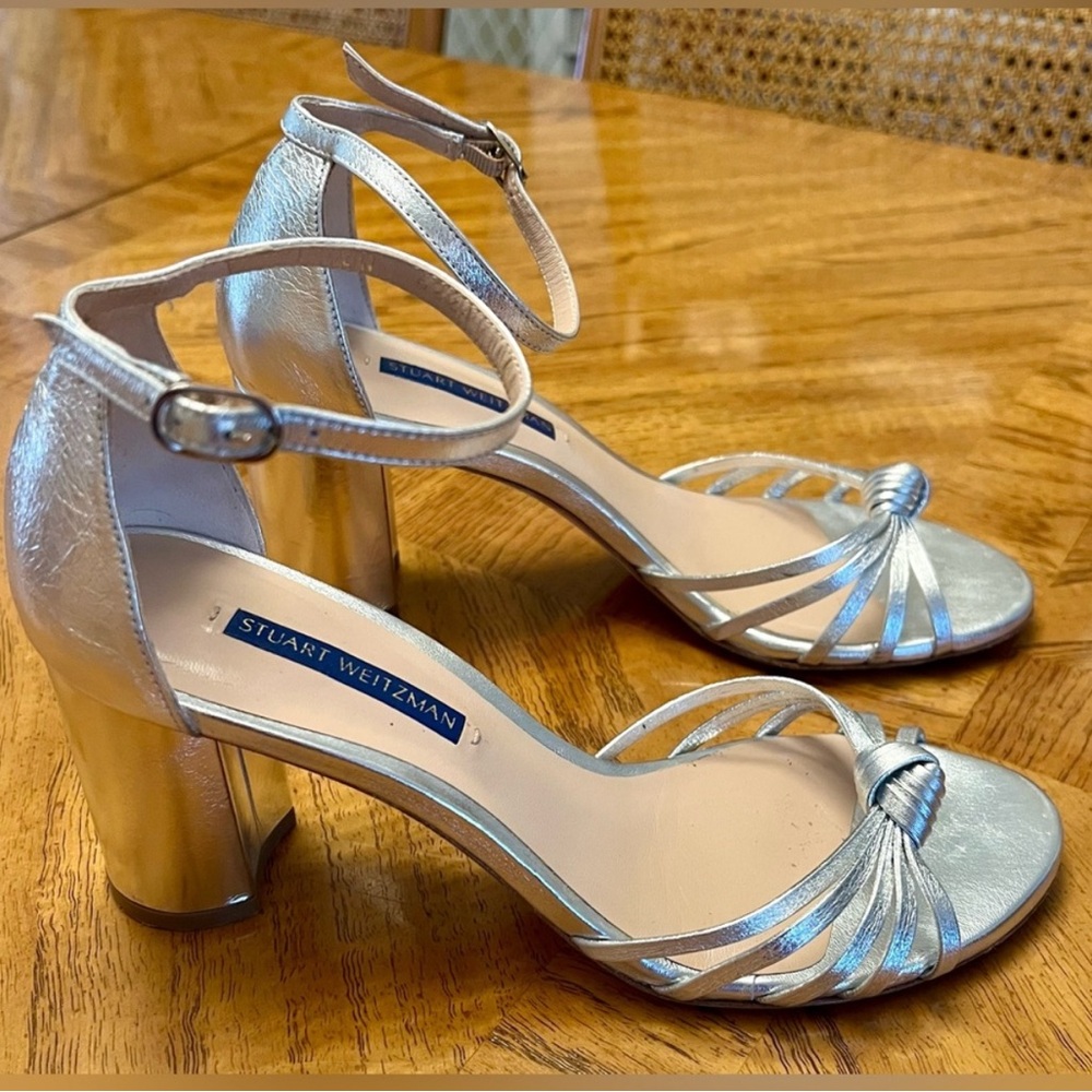 STUART WEITZMAN Womens Silver Knot Ankle Strap Sutton Heel Size 7